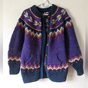 Vintage Wool Cardigan Sweater - Purple/Cream/Blue - Good Condition - Smoke-Free